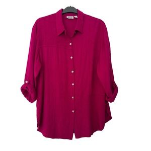 Chicos Design Fuchsia Pink Rayon Floral Textured Button Down Size 2